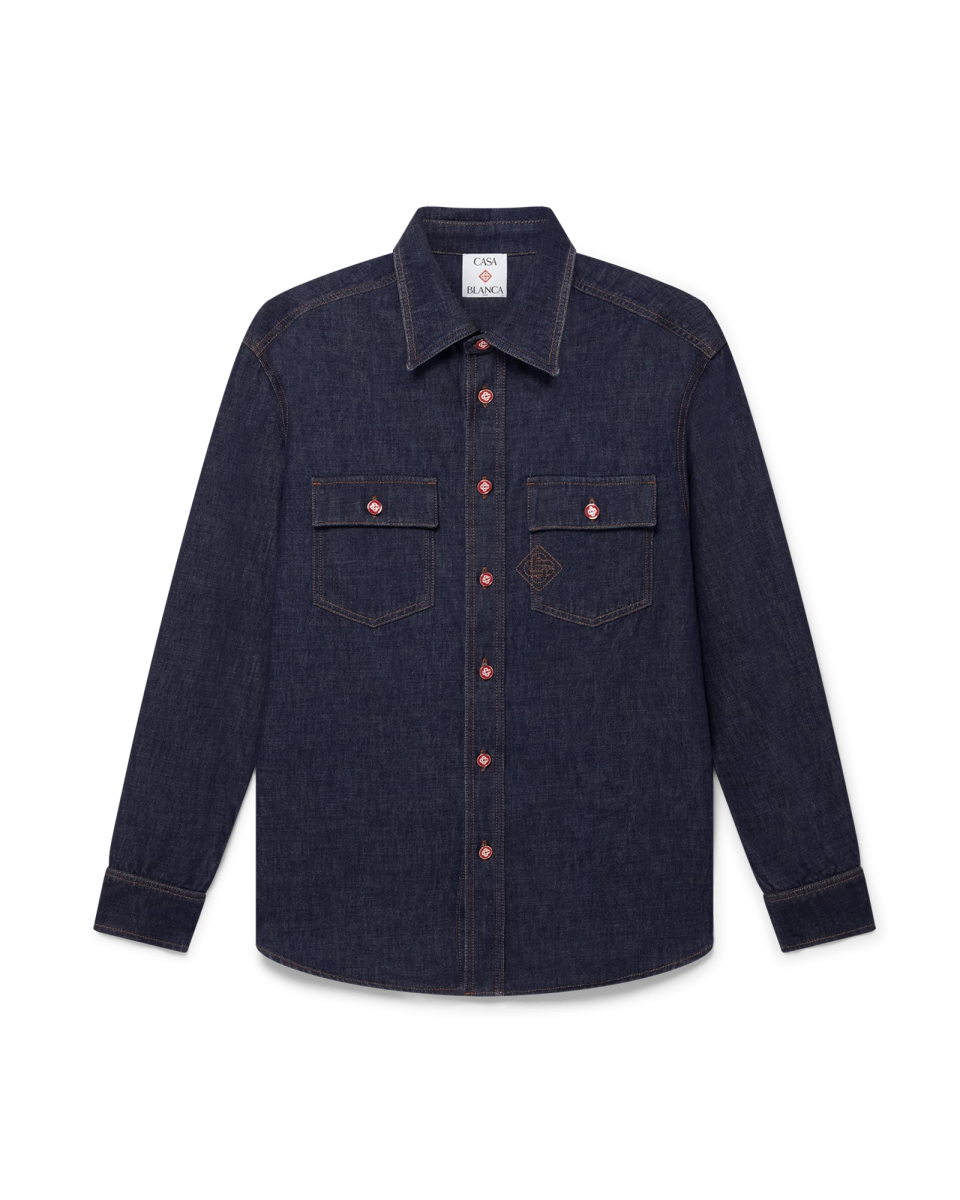 Denim Short Sleeve Shirt with Logo Embroidery