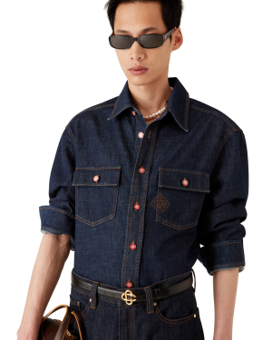 Denim Short Sleeve Shirt with Logo Embroidery