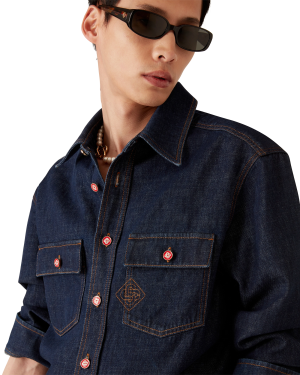 Denim Short Sleeve Shirt with Logo Embroidery