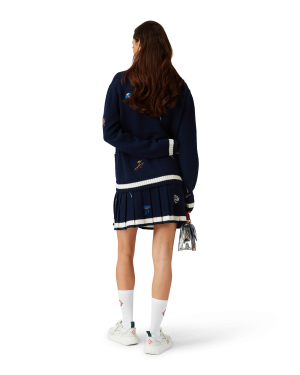 Embroidered Motif Wool Cashmere Pleated Skirt