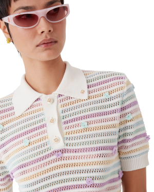 Flower Stripe Cotton Crochet Polo