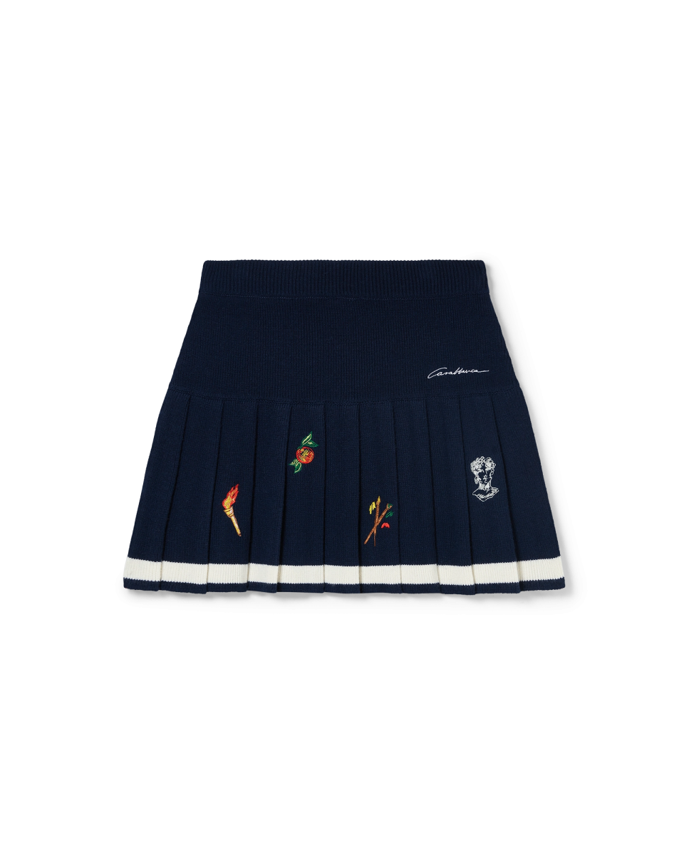 Embroidered Motif Wool Cashmere Pleated Skirt