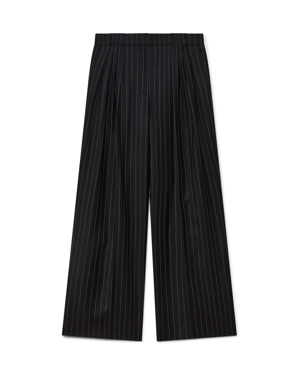 Wool Pinstripe Triple Pleat Tailored Trousers